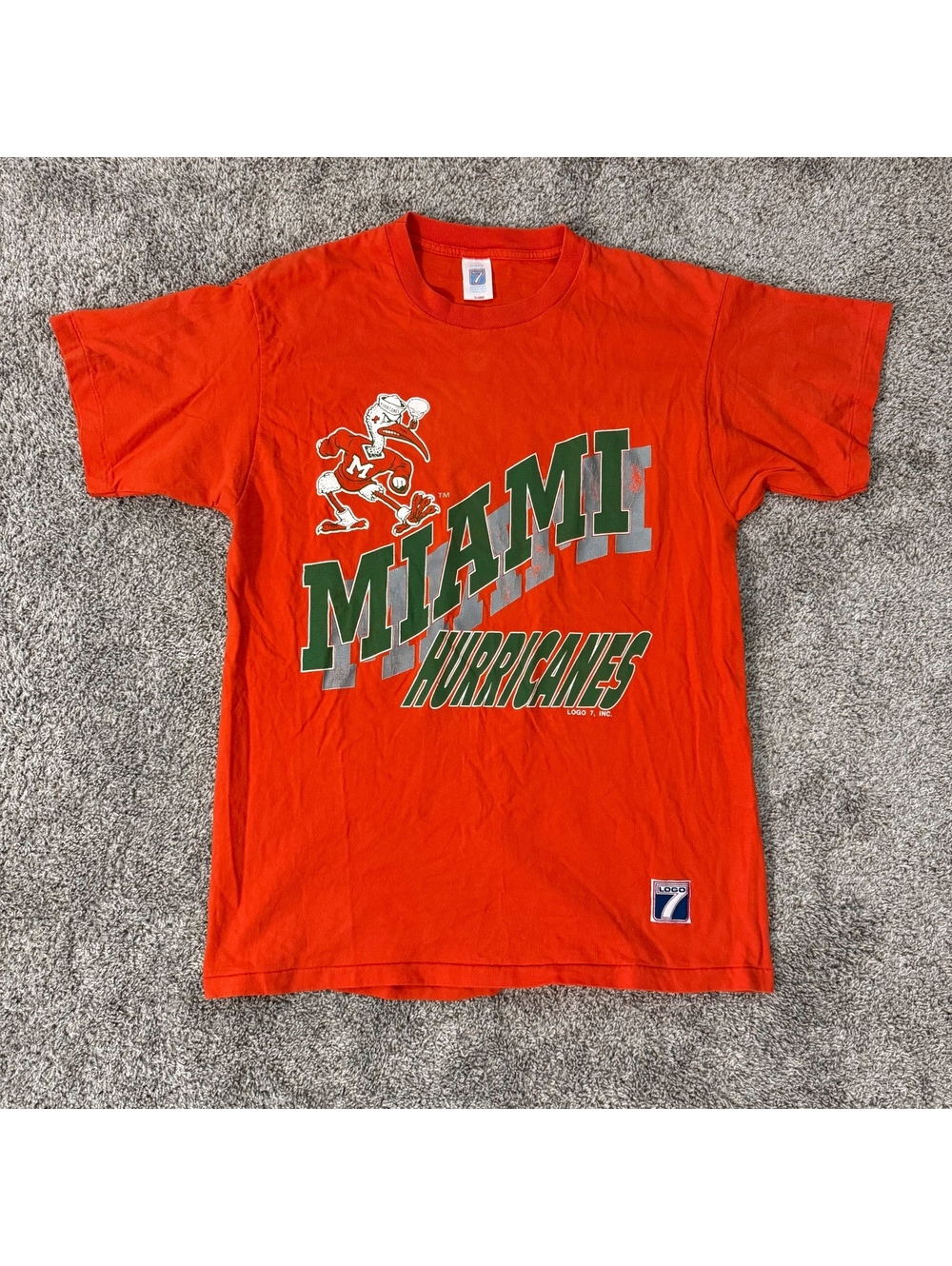 Vintage Single Stitch Miami Hurricanes Logo 7 Orange T-Shirt XL with Ibis Mascot